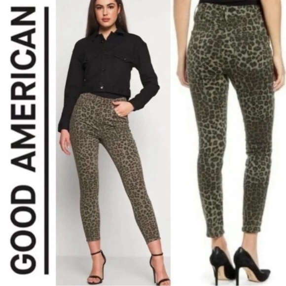 Good American Denim - Good American Green Leopard Print Jeans Size 24.  NWOT